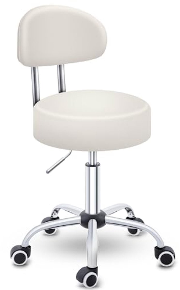 Rolkruk met leuning beige - In hoogte verstelbare draaikruk met wieltjes, 47-60 cm zithoogte