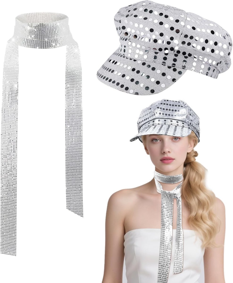 70s Disco Hoed en Lange Neckerchief Set voor Volwassenen - Glanzende Sequins en Bling Accessoires voor Feestkleding, Retro Kostuum en Abba Themafeest