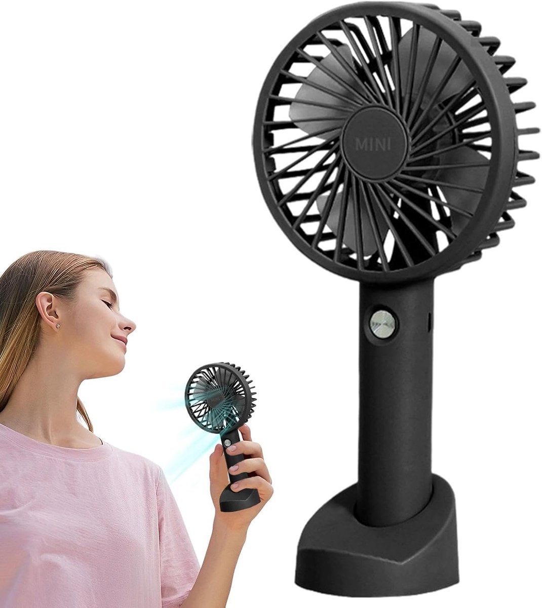 Draagbare Ventilator - Handventilator met voet - Persoonlijke Koeling - Stille Werking 3 Snelheden - 23x11x4.5 cm - Zwart