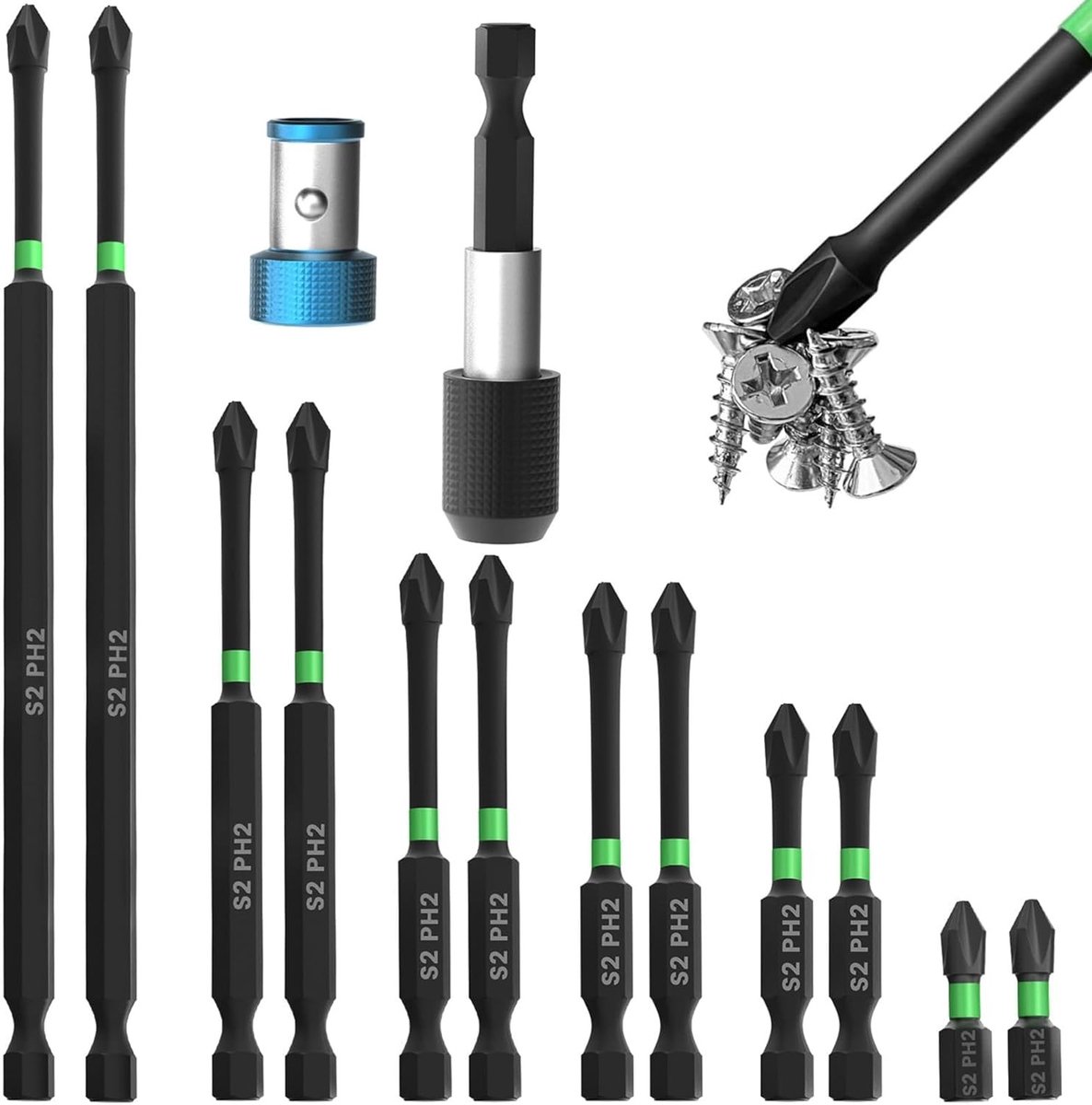 Set van Magnetische Schroevendraaier Bits, 25-150 mm, Phillips #2, Impact Bits, Snelle Verwisselbare Houder, 1/4 Inch Hex Shank, Perfect voor Klussen en Montagewerkzaamheden