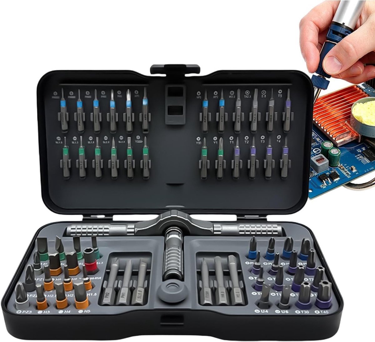 Ratelschroevendraaierset - Schroevendraaier set - Precisie reparaties - 66 delig magnetisch - 18.1 x 10.7 x 3.6 cm - Grijs