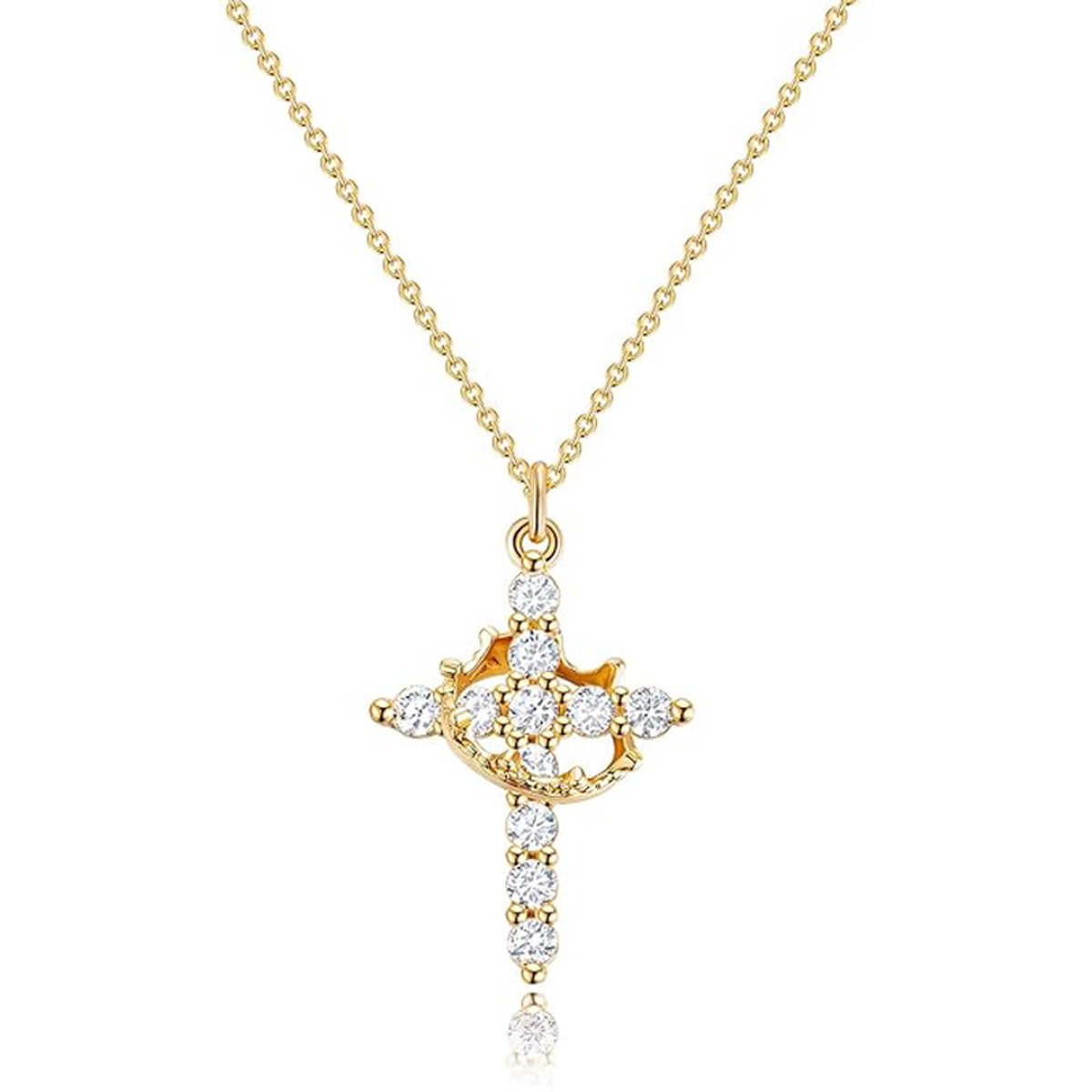 YAGXIG Vrouwenkroonkruisketting, 14K vergulde kroonkruishangerketting, eenvoudige gouden diamantenketting, geloofskruissieraden, eerste communieketting