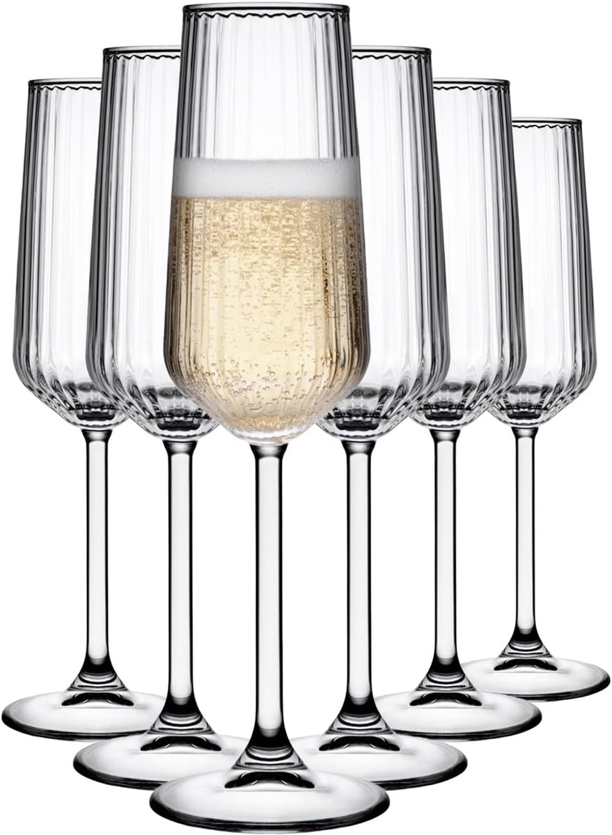Champagneglazen Set van 6 - 195ml Geribbelde Champagne Flûtes van Helder Glas - Champagneglazen - wijnglazen Elegante Glazen voor Prosecco, Bruiloften en Feesten