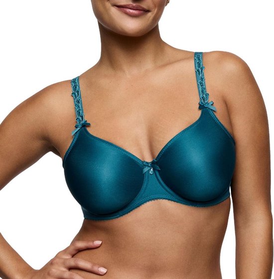 Peacock blauwe bh met gladde cups, decoratieve strikjes en kanten bandjes met bloemenpatroon.