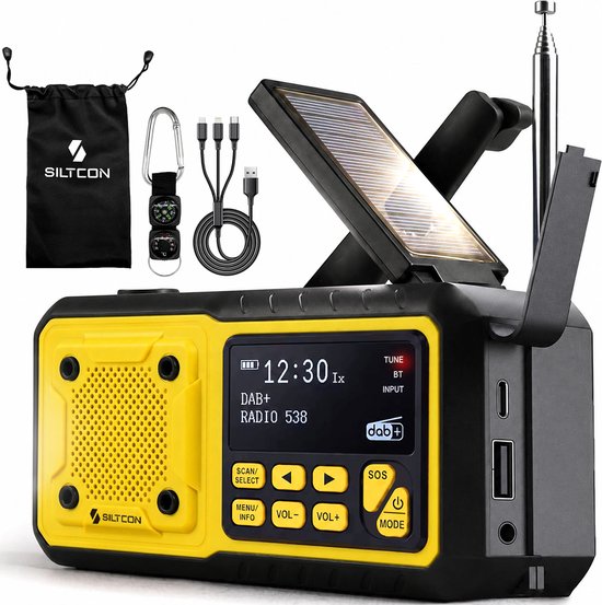 Siltcon® Noodradio Solar Opwindbaar - Solar Powerbank - 5000mAh - Radio DAB+/FM - Radio Noodpakket & Kamperen - Bluetooth + AUX - USB-A - USB-C - Zaklamp + SOS - Weeralarm - Thermometer - Compass - Incl. Oplaadkabels Telefoon & Waterdichte opberghoes