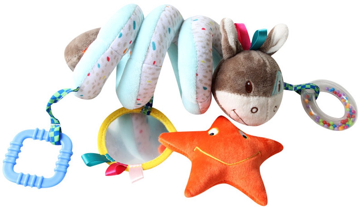 COOAU - Boxspiraal Baby Speelgoed - Pluchen Knuffel met Rammelaar voor Kinderwagen, Autostoel & Buggy - Sensorisch Speelgoed voor Baby's van 0-6 Maanden - Unisex - Zacht & Veilig - Veelkleurige ezel