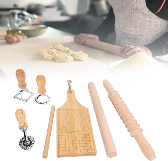 Pastamaker Set - Deegroller Kneedle - Zelf Pasta Maken - Comfortabele Houten Grip - 7 Delig - Natuurlijk — afbeelding 2