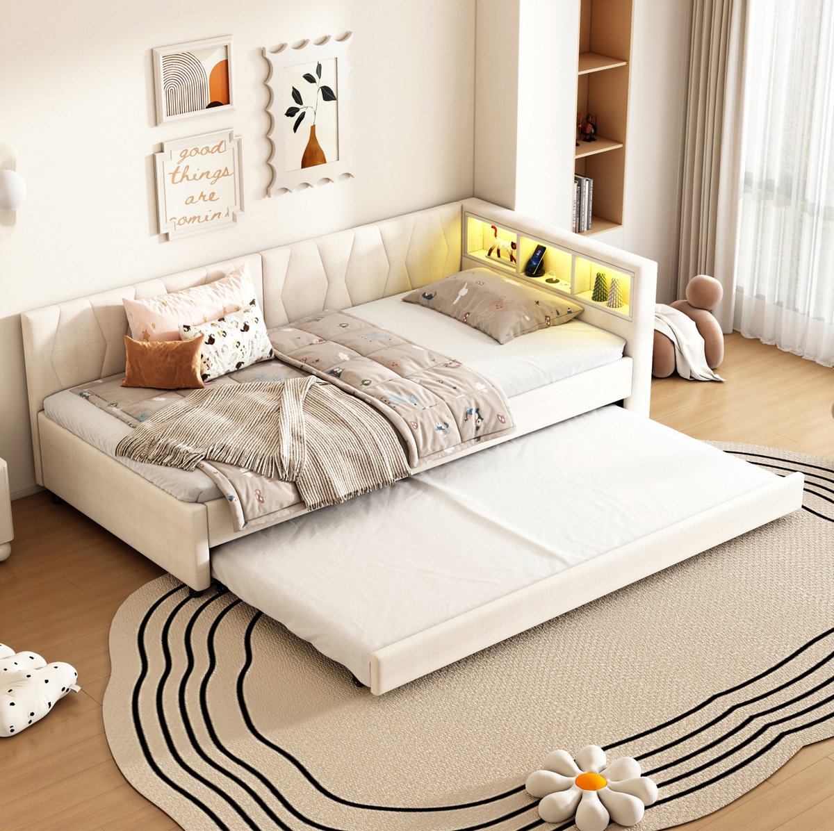 MEUNIQ dagbed 90x200 cm met uittrekbaar logeerbed, opbergvakken in hoofdbord, USB en USB-C, LED-verlichting, lattenbodem, linnenlook, beige
