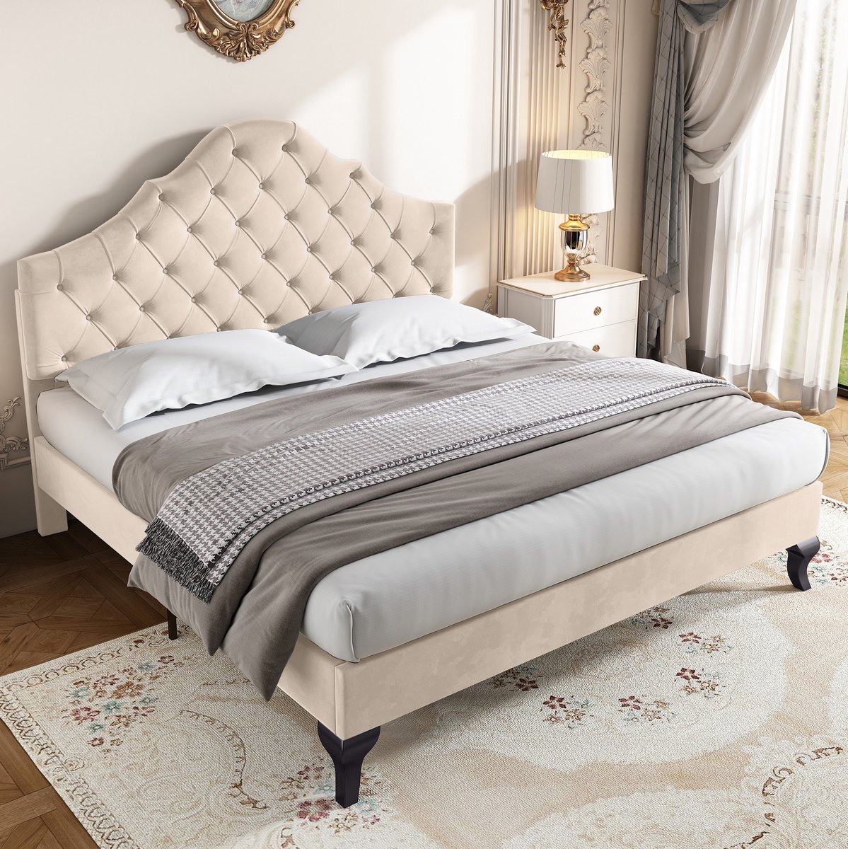 MEUNIQ gestoffeerd bed 140x190 cm met houten lattenbodem, verstelbaar hoofdbord, velours bedframe voor slaapkamer, tweepersoonsbed in crème Gebroken wit