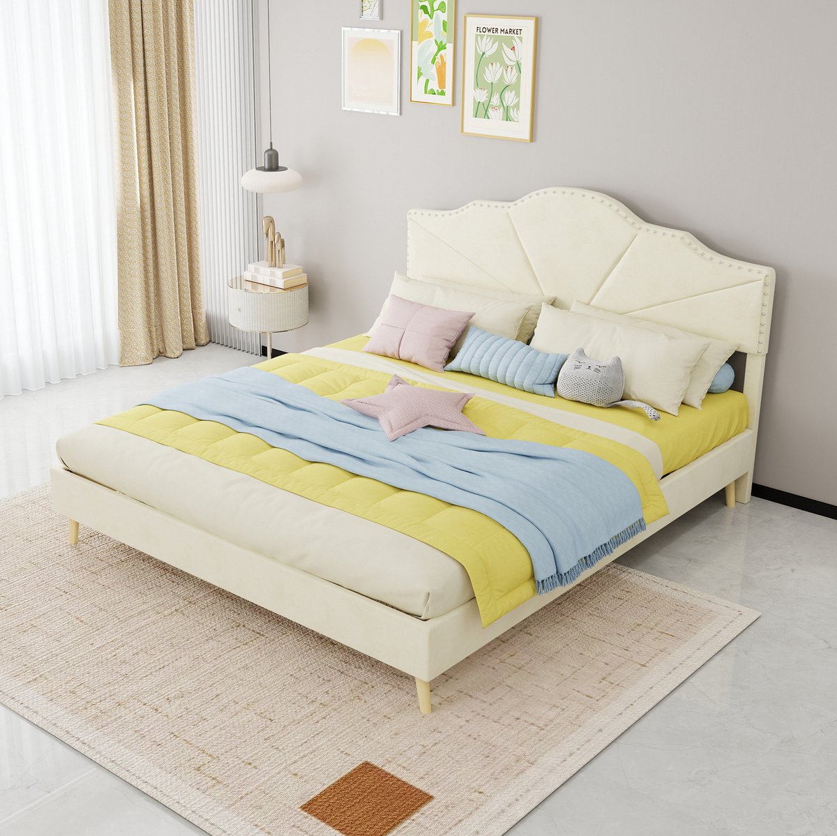MEUNIQ tweepersoons bedframe 160x200 cm met gestoffeerd hoofdbord, geometrisch design, lattenbodem en lage bedombouw voor slaapkamer, beige