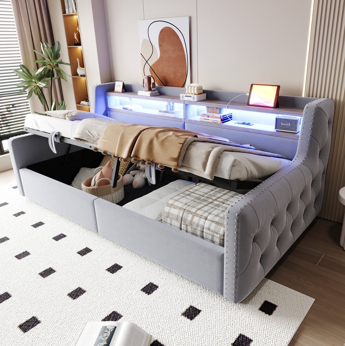 MEUNIQ slaapbank 90 x 200 cm met opbergruimte, LED, plank, stopcontact, USB en Type-C, lattenbodem, lichtgrijs, voor slaapkamer of woonkamer