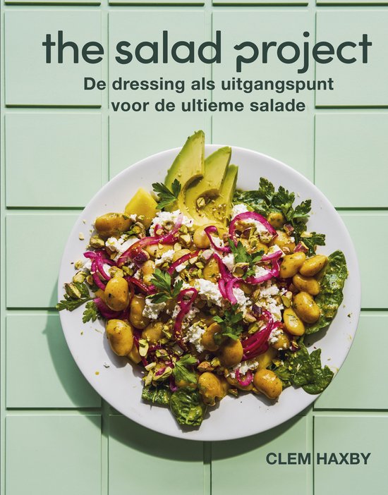 Boekomslag 'The Salad Project' met een kleurrijke salade van witte bonen, fetakaas, rode ui, pistachenoten, avocado en peterselie.