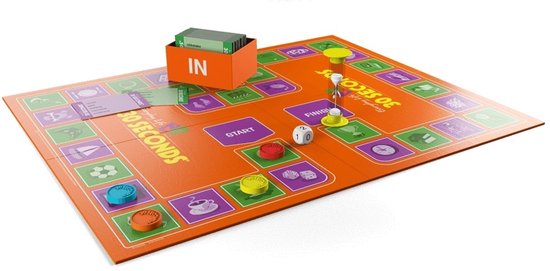 Bordspel 30 Seconds met spelbord, kaarten, dobbelstenen, pionnen en zandloper.