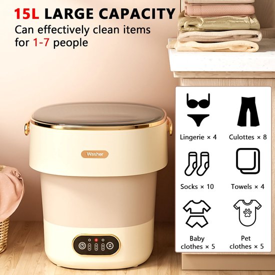 Mini wasmachine - Opvouwbaar model - Reizen en thuis - Met centrifuge - 15 liter - Grijs-wit — afbeelding 5