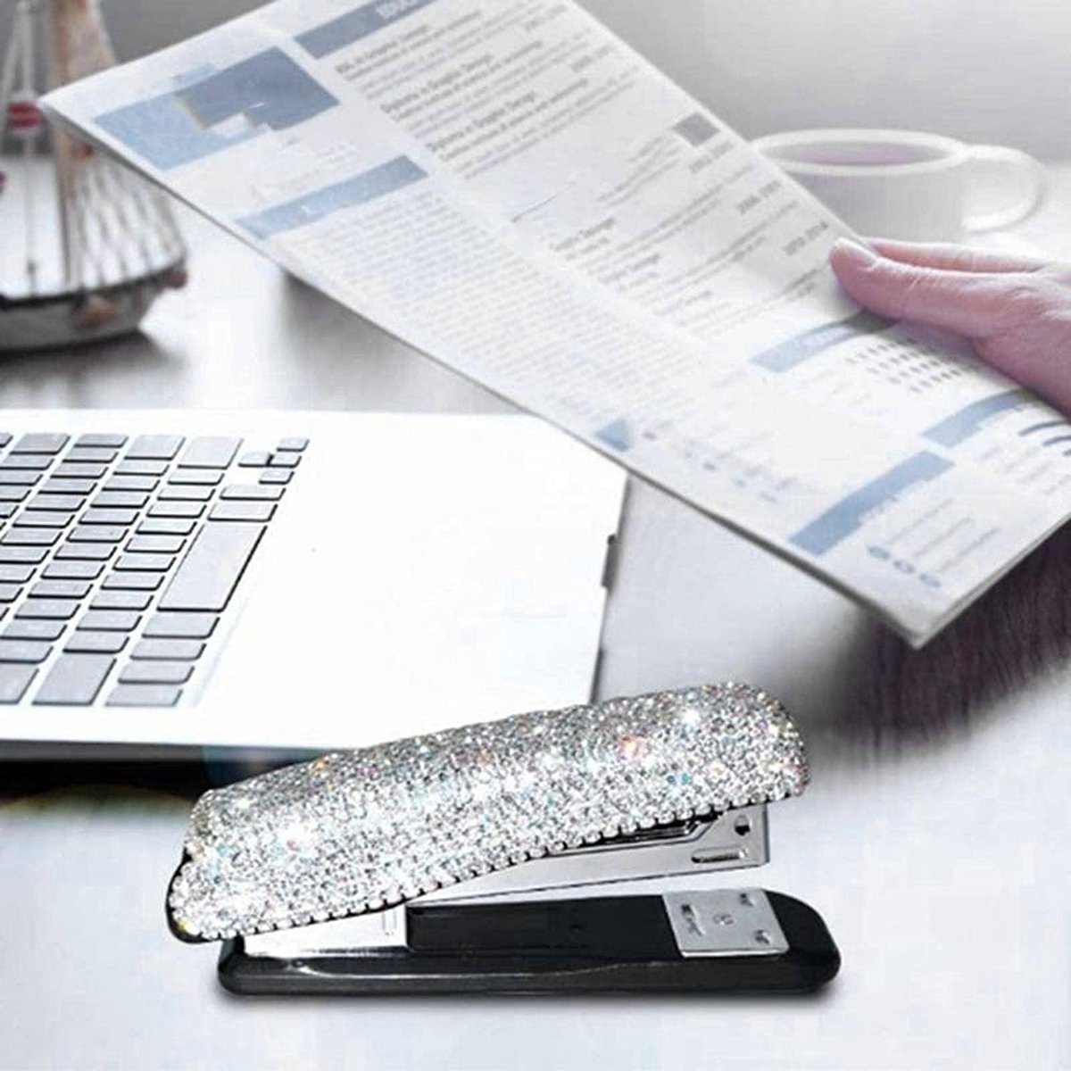 Handmatige nietmachine - Kantoor nietapparaat - Documenten binden - Versierd met strass - 11 cm lang - Wit