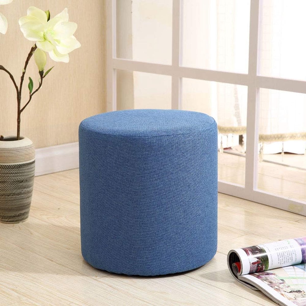 Ronde Voetenbank - Poef Ottomaan - Ontspannen Zitten - Massief Houten Frame - 30cm x 29cm - Paars Blauw