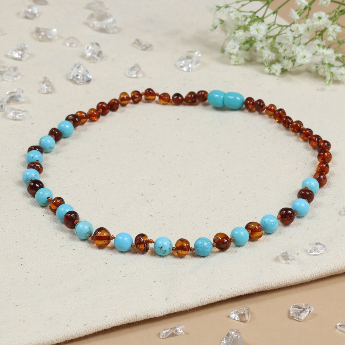 Baby Natura - Barnsteen Ketting - Kind - Cognac/Turquoise - 36 cm
