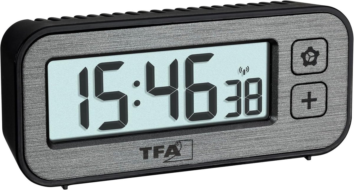 Digitale Radiogestuurde Wekker - Grijs - Compact Ontwerp - Ingebouwde Thermo-Hygrometer - Voor Thuis en Op Reis