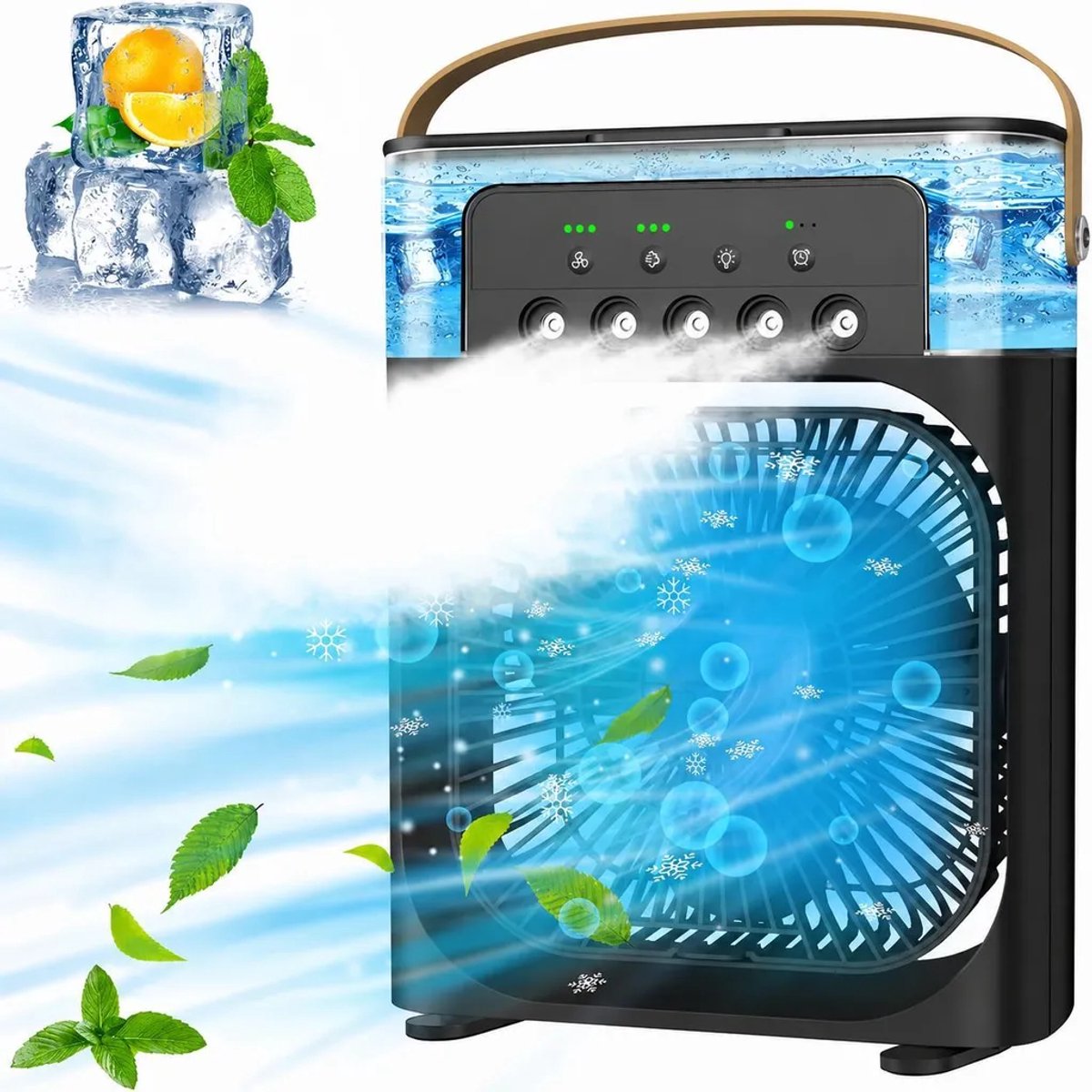 Deze 4-in-1 draagbare airconditioner combineert airconditioning, een ventilator, drie ventilatorsnelheden, een timer, een luchtbevochtiger (600 ml waterreservoir), USB-opladen, een luchtkoeler en een stille modus – in het zwart.