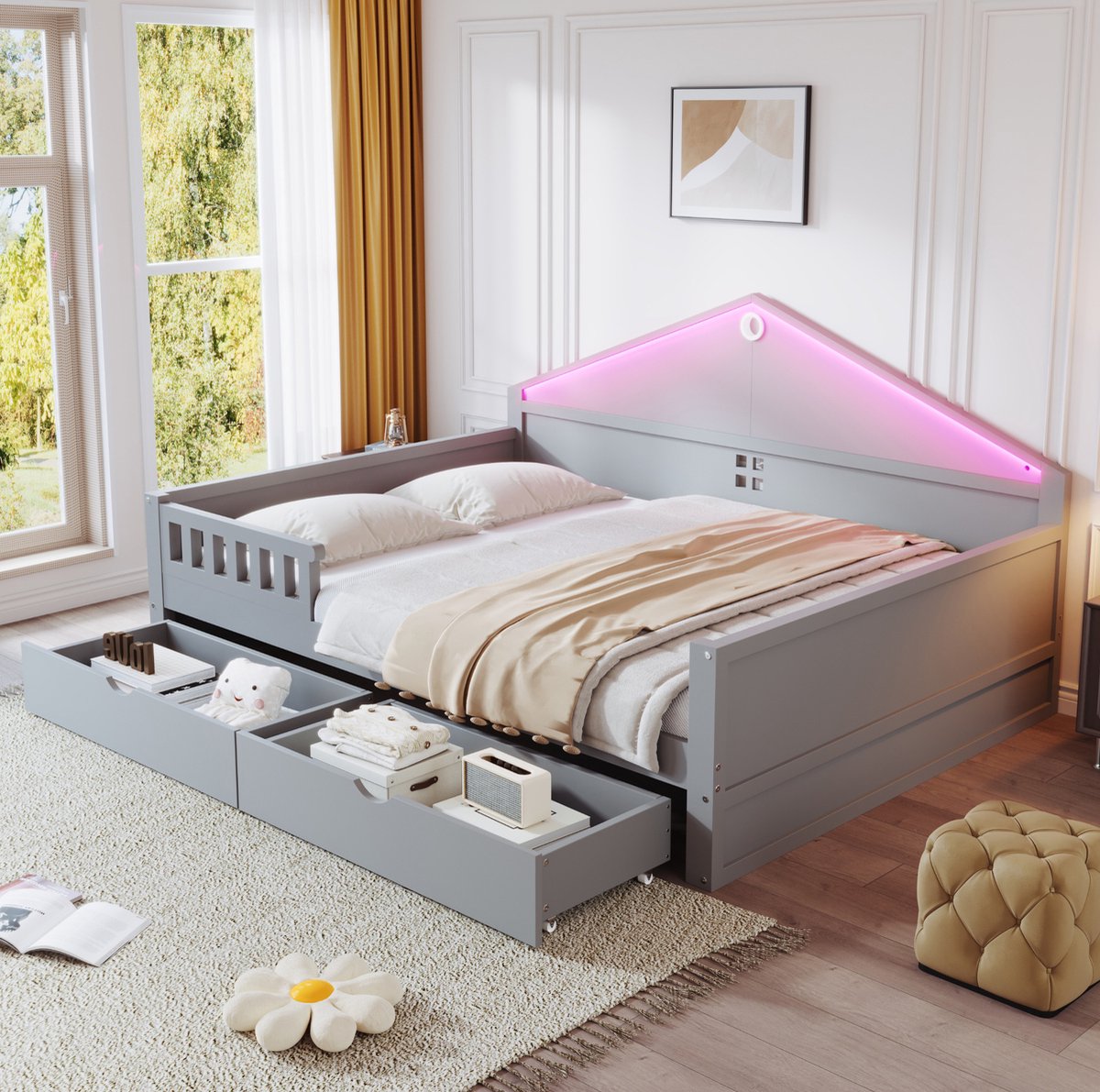 OKWISH Kinderbed 140x200 cm - Met Ledverlichting en Lattenbodem - Met 2 Opberglades - Zonder Matras - Voor Kinderkamer of Tienerkamer - Hout en MDF - Grijs
