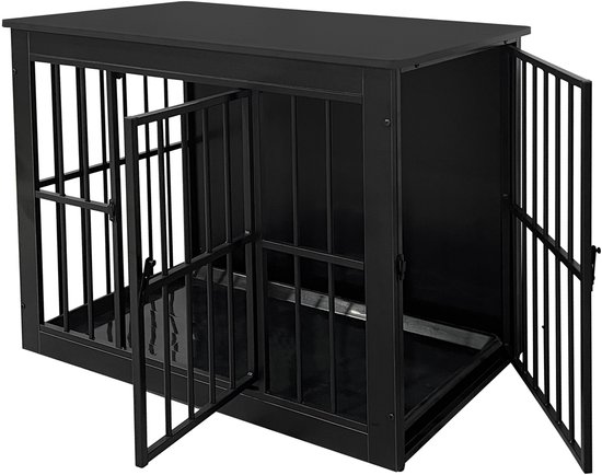 Zwarte hondenbench met twee deuren, één aan de voorkant en één aan de zijkant.
