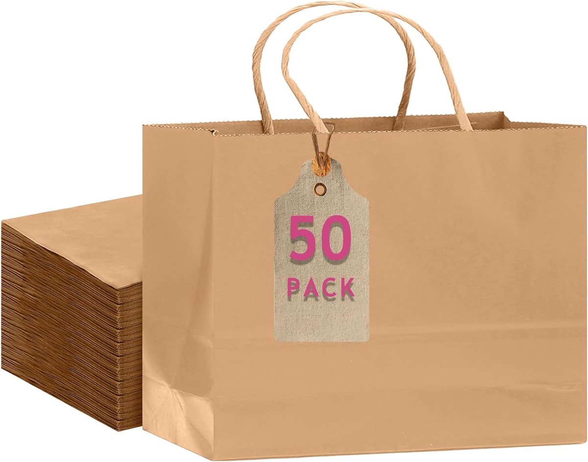 SnelShoppen - 50 Stuks Bruine Cadeauzakjes van Papier met Hengsels 30 x 10 x 25 cm - Brede Feestcadeauzakjes voor Verjaardag, Feestdagen, Decoratie, e