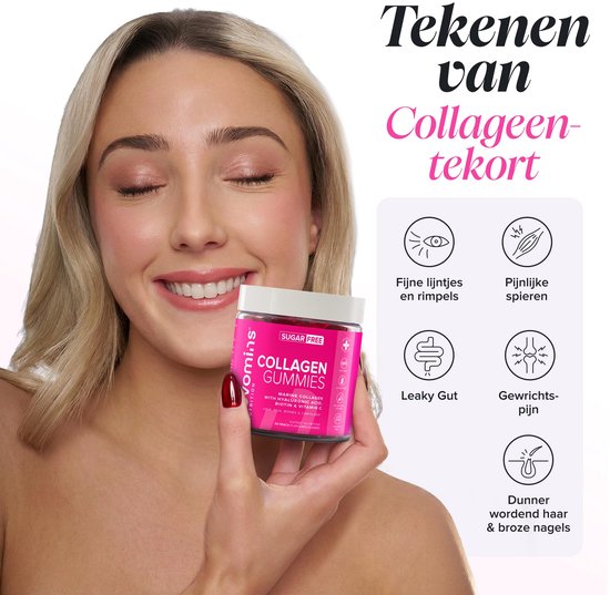 Vrouw met blonde bob houdt potje Novomins Collagen Gummies vast. Tekst en iconen over tekenen van collageentekort.