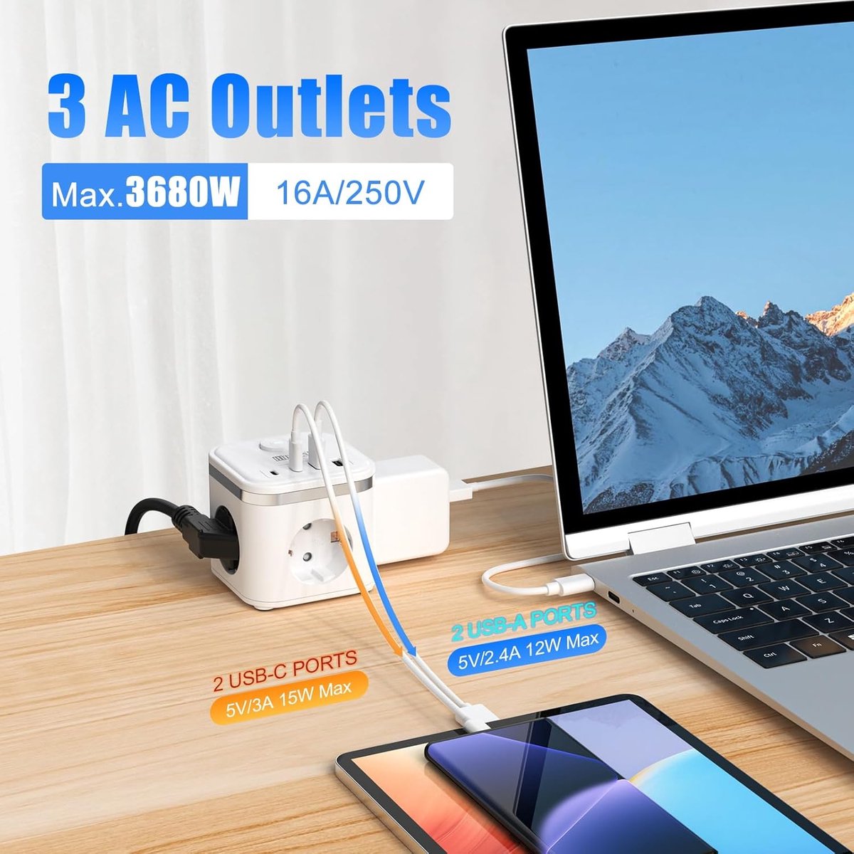 Thijox - 7-in-1 Stekkerdoos met 2m Kabel, 3 AC-uitgangen, 2 USB-A & 2 USB-C, Kubusvorm, Schakelaar, Platte Stekker, Ideaal voor Thuis, Kantoor & Reize