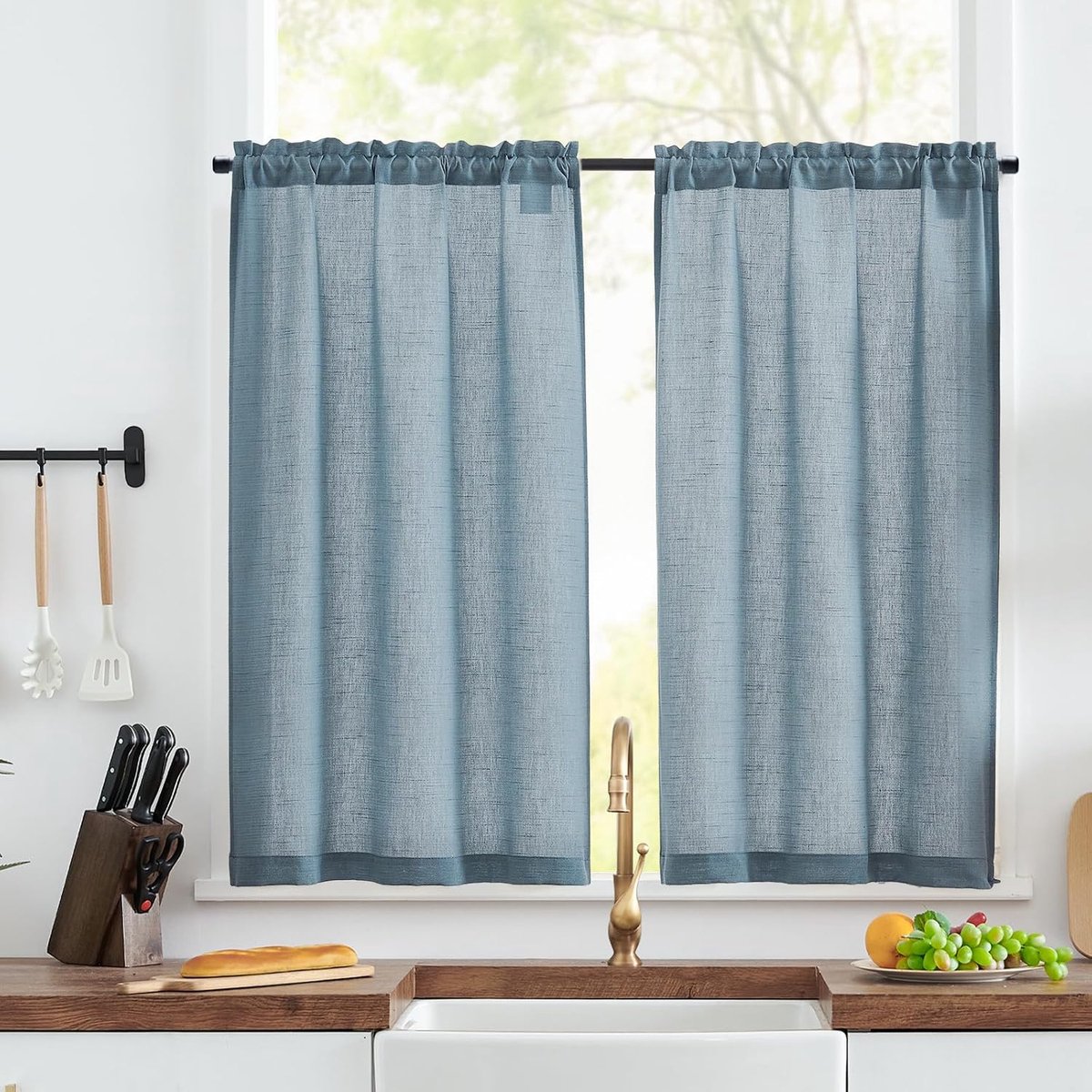TOPICK Vitrage, linnen bistrogordijn, blikdicht gordijn, gaas, sjaals, halftransparant, raamsjaal voor keuken, woonkamer, landhuis, set van 2, 65 x 115 cm (b x h), grijs