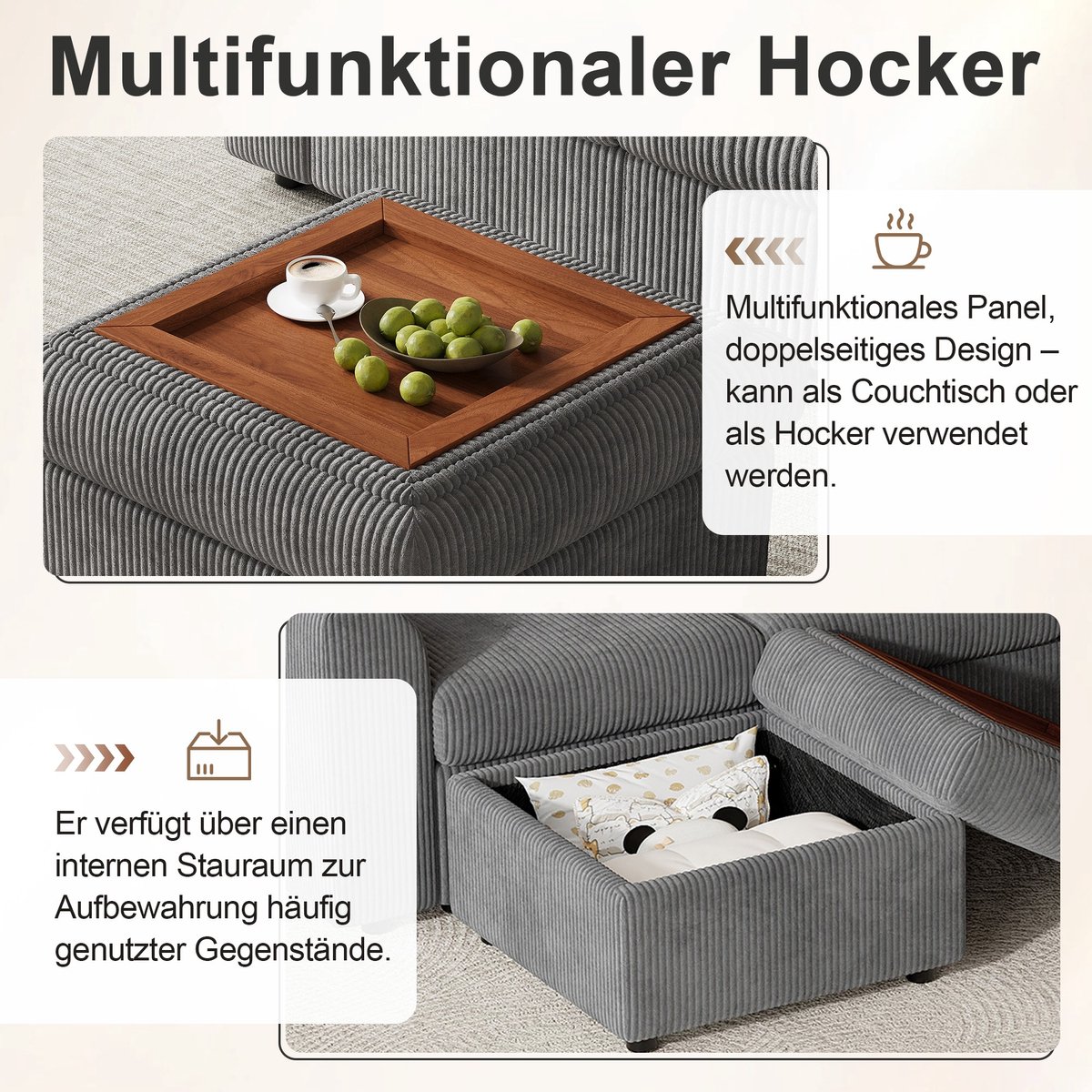 YYchan modulaire bank met hocker - grijs - 282 x 153 x 85 cm