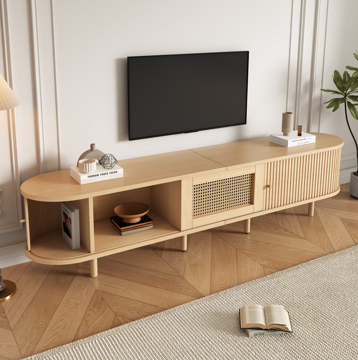 OKWISH Tv-Meubel - Lowboard Met 1 Lade En 2 Schuifdeuren - Voor Woonkamer En Eetkamer - MDF Natural Houtkleur - 180 x 40 x 40 cm