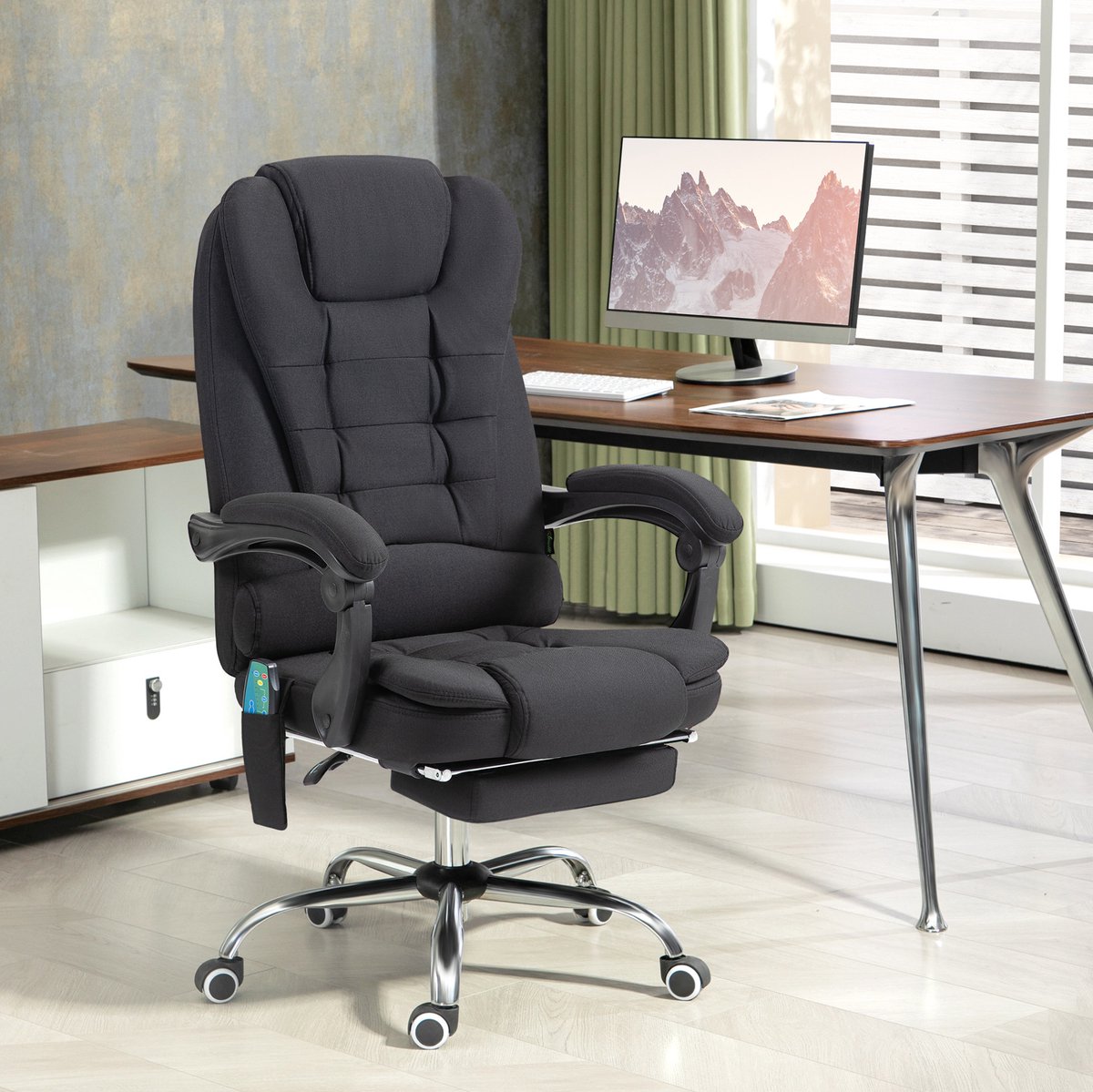 STILVORA Bureaustoel 65 x 70 x 111-119 cm - Met Massagefunctie, Warmtefunctie En Voetsteun - Voor Thuiskantoor En Werkplek - Stof - Zwart