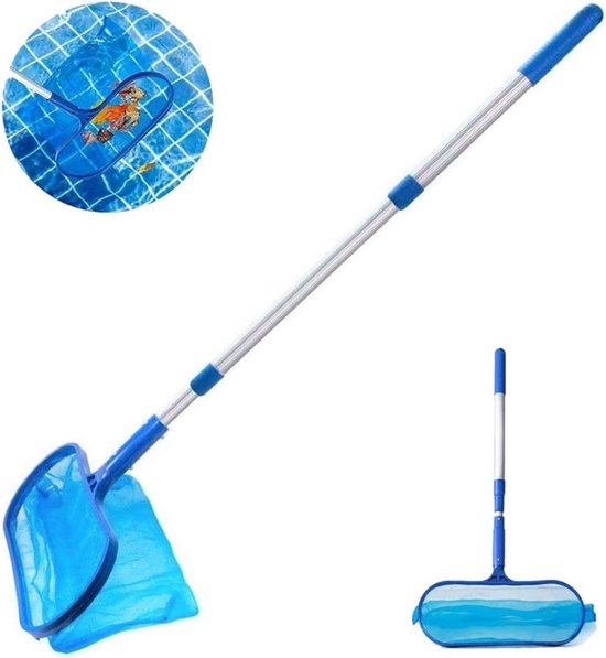 Épuisette bleue pour piscine avec manche télescopique en aluminium et un insert avec un poisson nageur.
