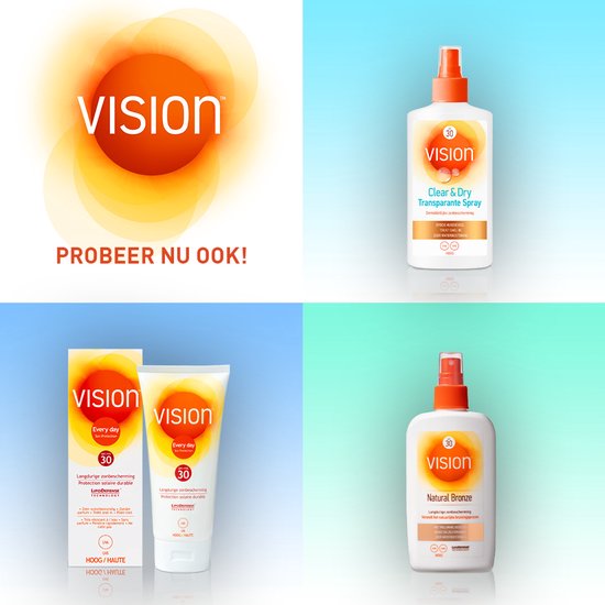 VISION zonnebrandcrème: Clear & Dry Transparante Spray SPF 30 en Natural Bronze SPF 30. Ook Everyday zonnebrandcrème SPF 30 in tube en box.