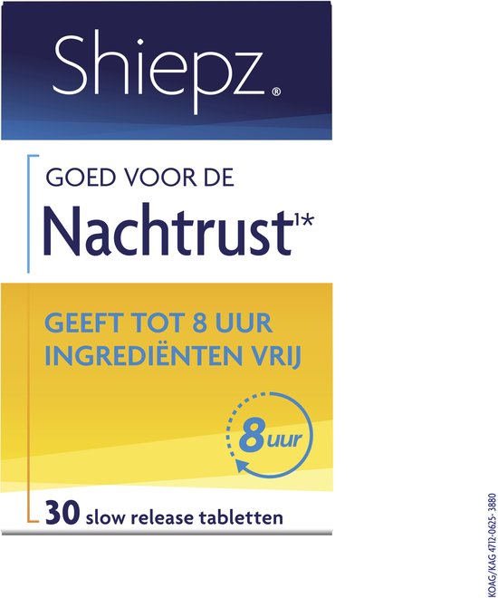 Verpakking "Shiepz Goed voor de Nachtrust" met 30 slow release tabletten. Geeft tot 8 uur ingrediënten vrij.