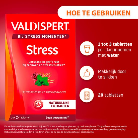 Verpakking 'Valdispert Stress' met uitleg over hoe te gebruiken: 1-3 tabletten per dag met water.