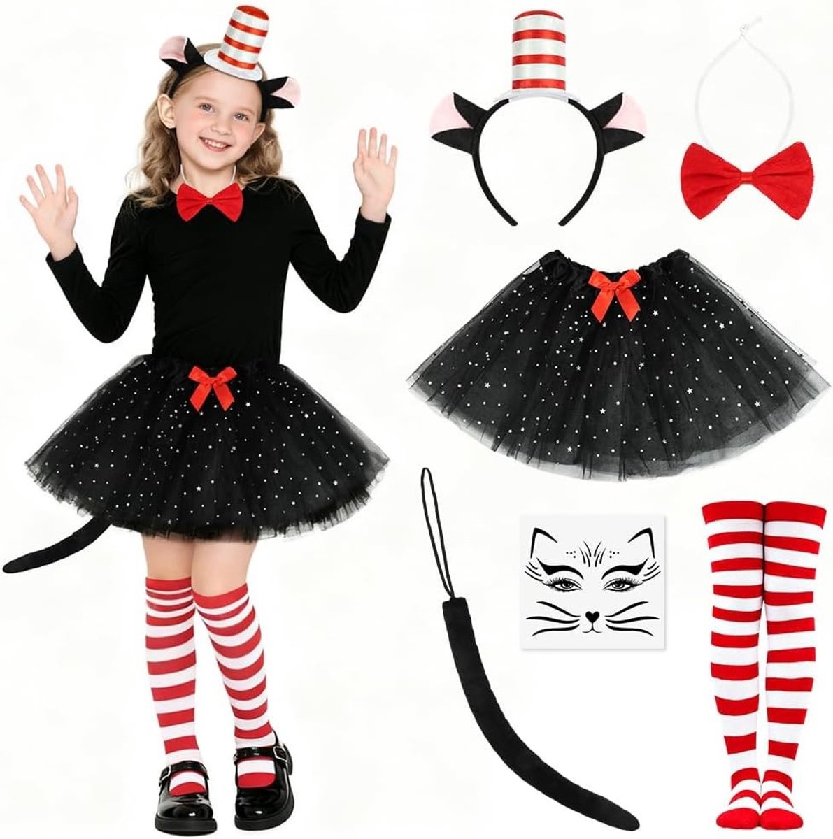 Kindercostuum voor kattenliefhebbers - Grappig kattenkostuum met gestreepte hoed, strik en staart voor feestjes en verkleedpartijen