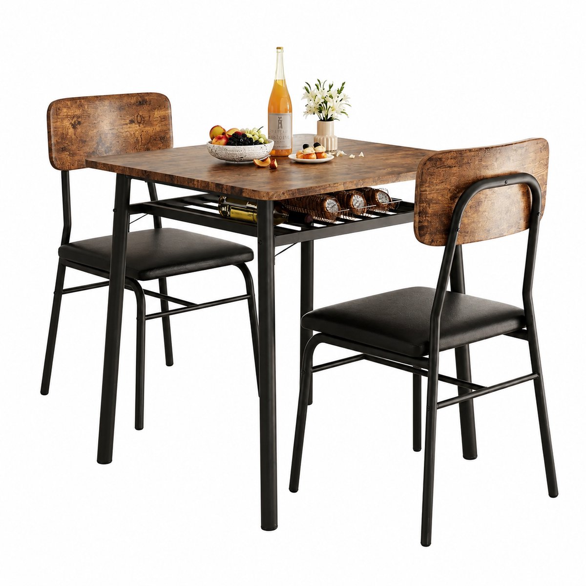 Bruinsma INEX Keukentafel - Eettafel Set - Keukentafel 2 Personen Met Stoelen - Ruimtebesparend - 70Lx70Bx75H CM - Bruin