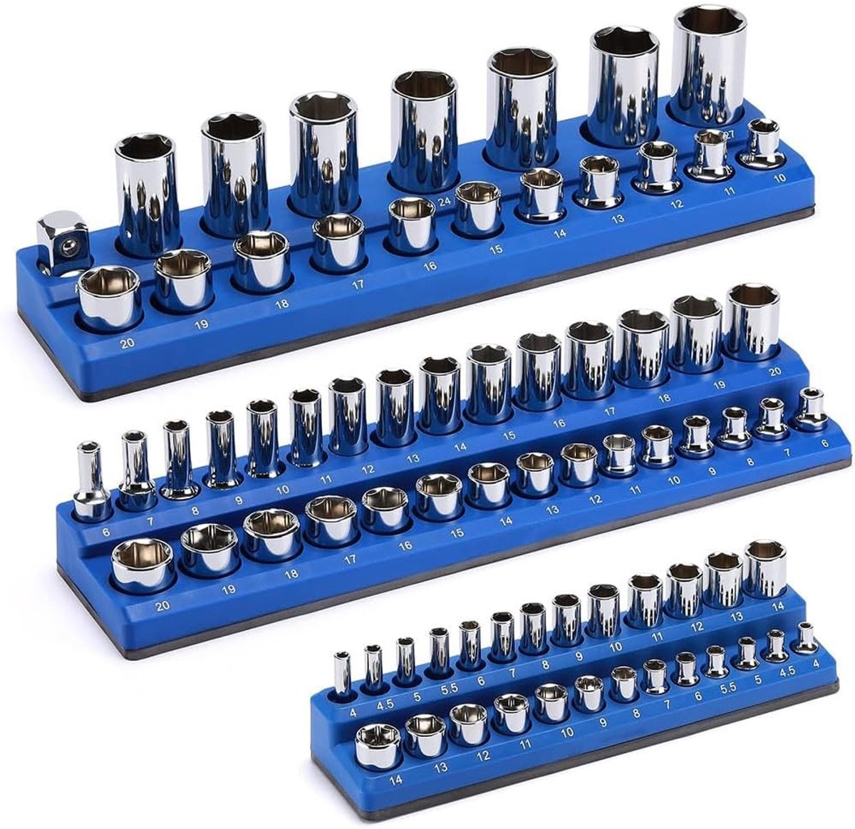 Magnetische Organizer voor Compassen met 75 Slots, 3-delige Metrische Steeksleutelset 1/4 Inch, 3/8 Inch, 1/2 Inch, Handig en Ruimtebesparend Accessoire