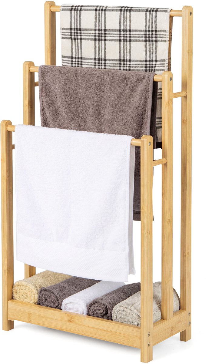 COSTWAY Handdoekenrek vrijstaand, handdoekhouder hout met 3 handdoekstangen & onderste plank & kantelbeveiliging, droogrek bruin voor badkamer, hotels (Natuur)