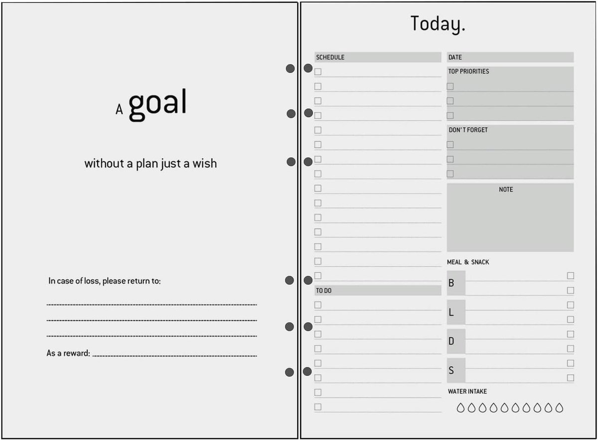 SnelShoppen - Navulkalender A5 zonder datum, dag per pagina, 6 ringen, ongedateerde planner met to-do-lijst, habit tracker, contactpagina's, dik papie