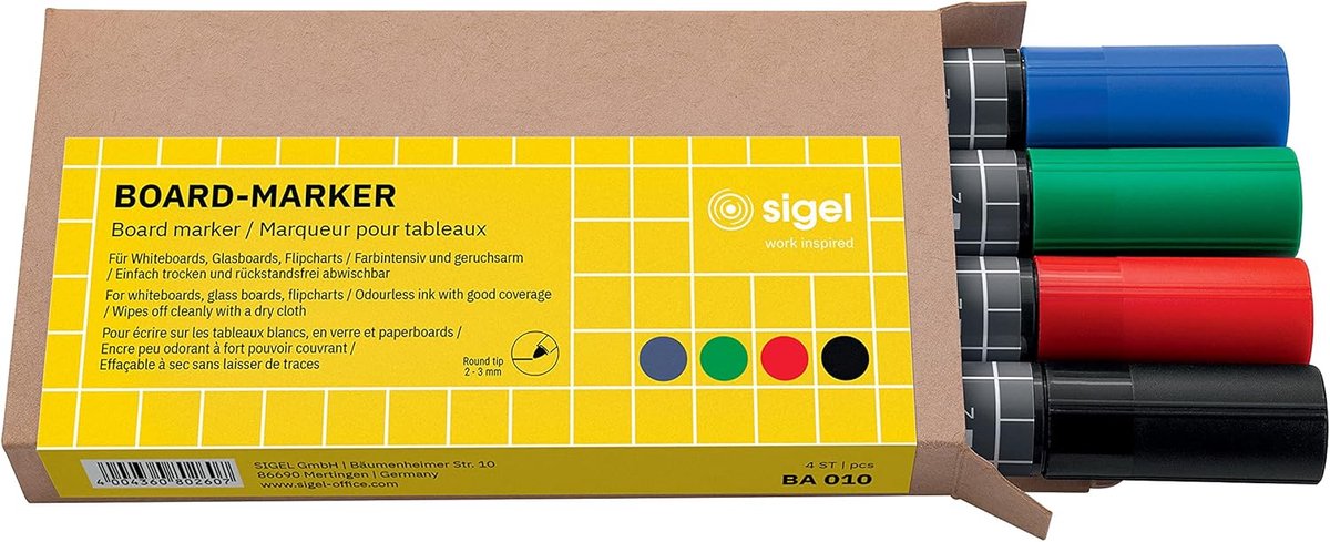 SnelShoppen - Set van 4 Uitwisbare Glas/Whiteboard Markers, Krijtmarkers met 'Cap Off' Inkt, 2-3 mm Bullet Tips in Zwart, Rood, Groen, Blauw voor Scho