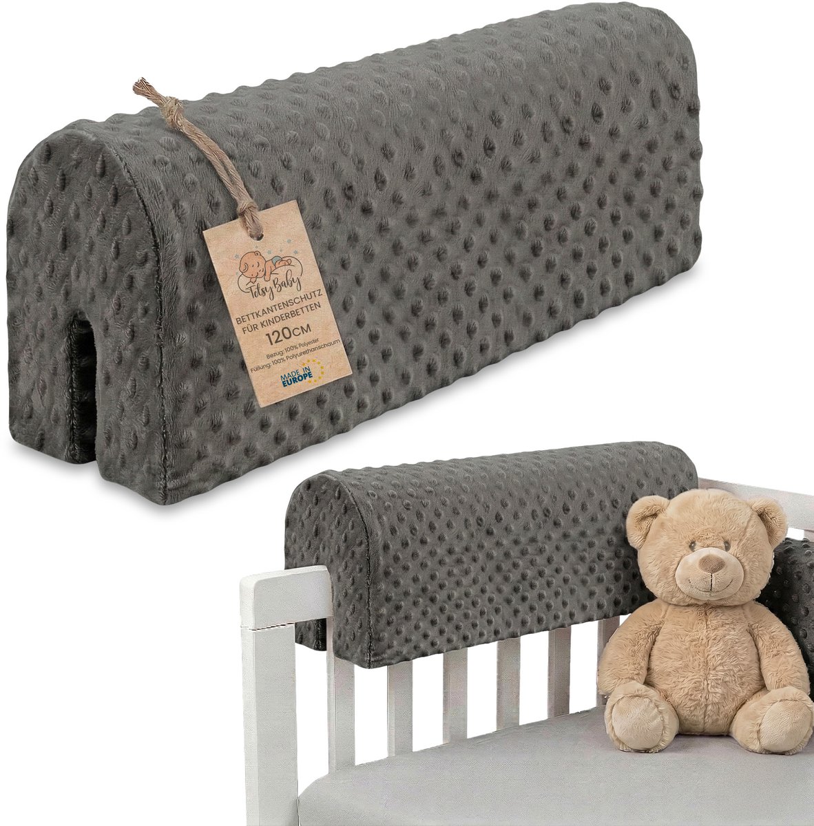 Bedrandbescherming voor kinderbedden 120 cm - bescherming voor bedframe babybed valbescherming voor boxspringbed bedrail met hoesrandbescherming kinderbabybedje Oeko-Tex Grijs