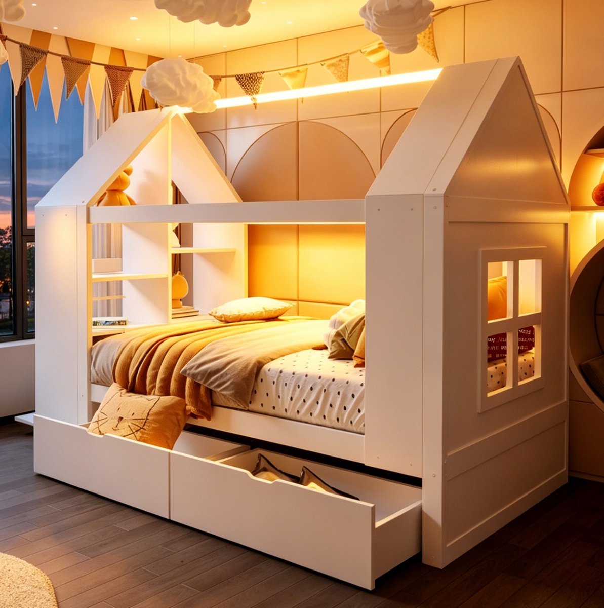 OKWISH Kinderbed 90x200 cm - Huisvorm Met Ledverlichting En Opbergruimte - Met Twee Lades En Zijvakken - Zonder Matras - Hout En MDF - Wit