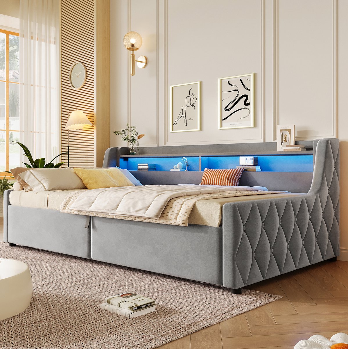 STILVORA Bed 90x200 cm – LED-Hoofdbord – Hydraulische Opbergruimte – Voor Kinderkamer Of Logeerkamer – Stof En MDF – Grijs – Zonder Matras