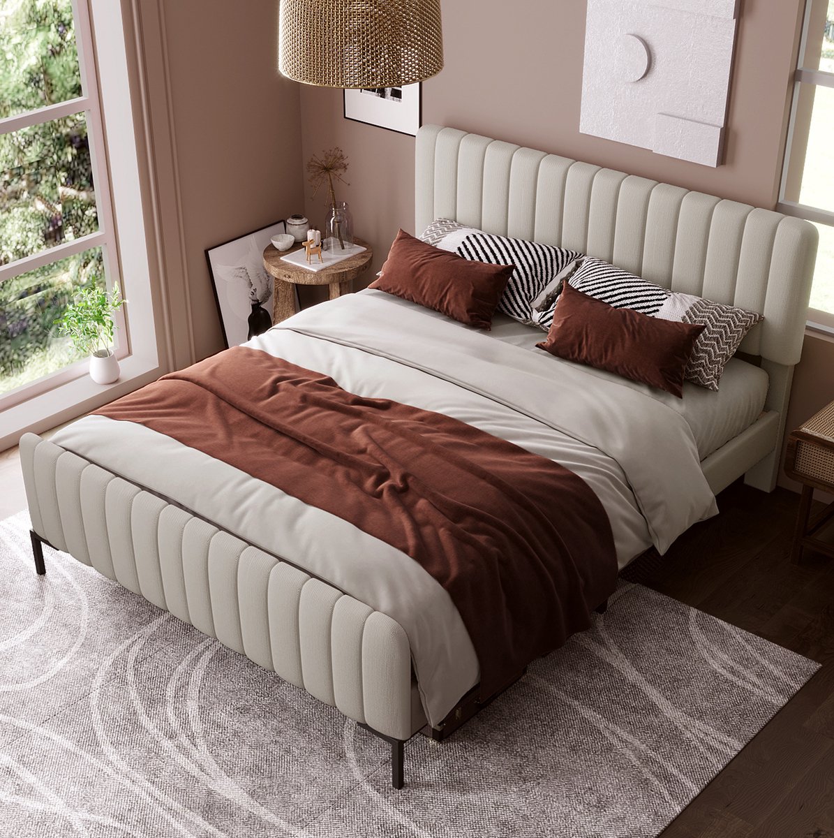 OKWISH Gestoffeerd Bed 180x200 cm - Verstelbaar Hoofdeinde en Lattenbodem - Tweepersoons Bedframe - Zonder Matras - Linnenlook - Grijs-Beige