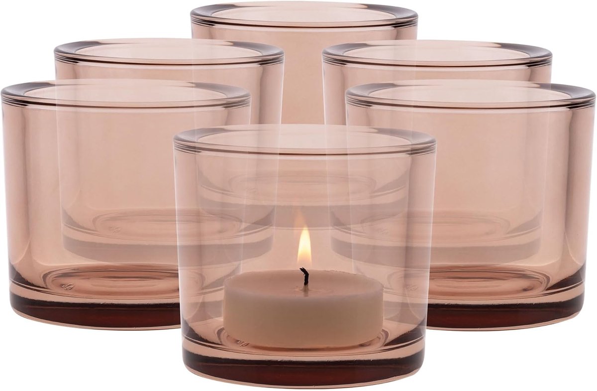 6 Glazen Theelichthouders H: 8 cm Ø 9 cm Beige Ronde Kaarsenhouders voor Kaarsen Maken en Theelichtjes in Woonkamer, Ideaal voor Feest en Decoratie