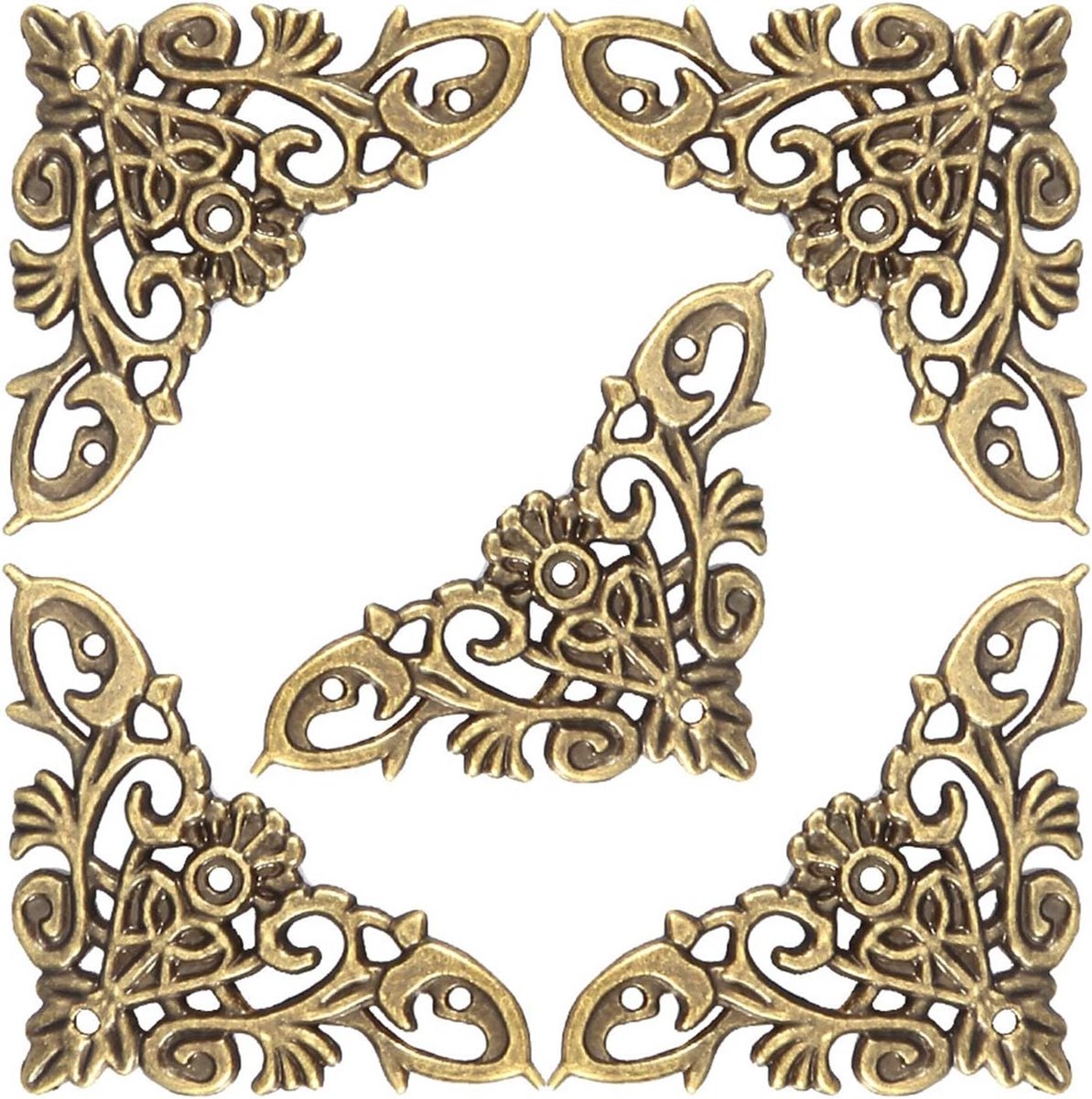 Thijox - 12 stuks antieke hoekbeschermers voor boeken, sieraden, houten dozen - metalen stijl, holle boekhoeken, decoratieve beschermingen voor albums