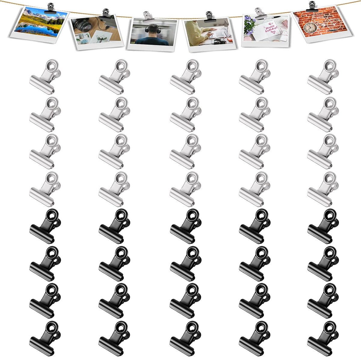 Thijox - 40 Stuks Mini Bindmiddelclips 22 mm - Metalen Scharnierclips voor Voedselpakketten, Fotoclips, Kleine Papierklemmen in Zwart, Zilver, Roségou
