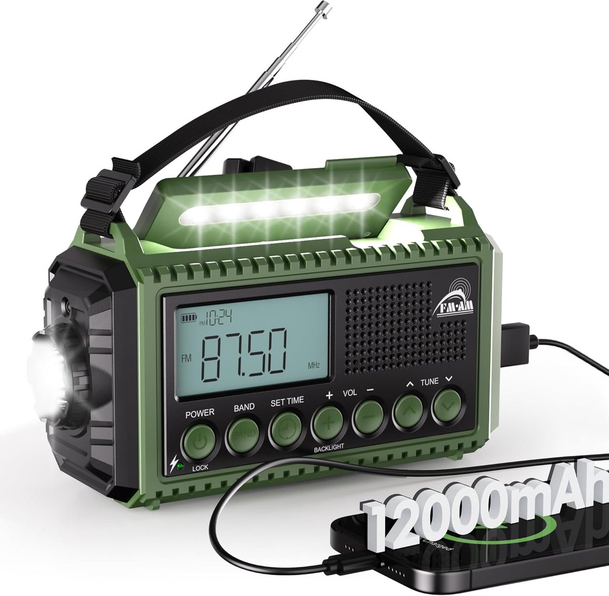 Thijox - Zwengelradio met 12000 mAh Powerbank, Draagbare AM/FM/SW Noodradio, Zaklamp, Leeslamp, Dynamo Radio voor Camping en Outdoor Activiteiten